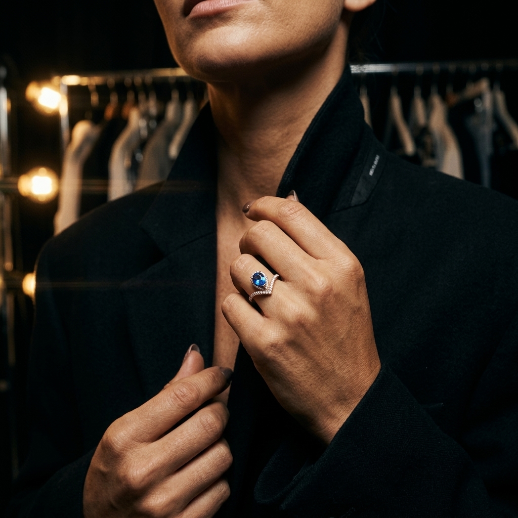Femme en backstage, bague Diane visible